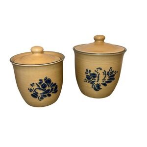 Pfaltzgraff vintage folkart Canister Set 2pc Tan Blue Stoneware